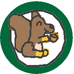 Blockily drawn cartoon image of a squirrel holding a nut